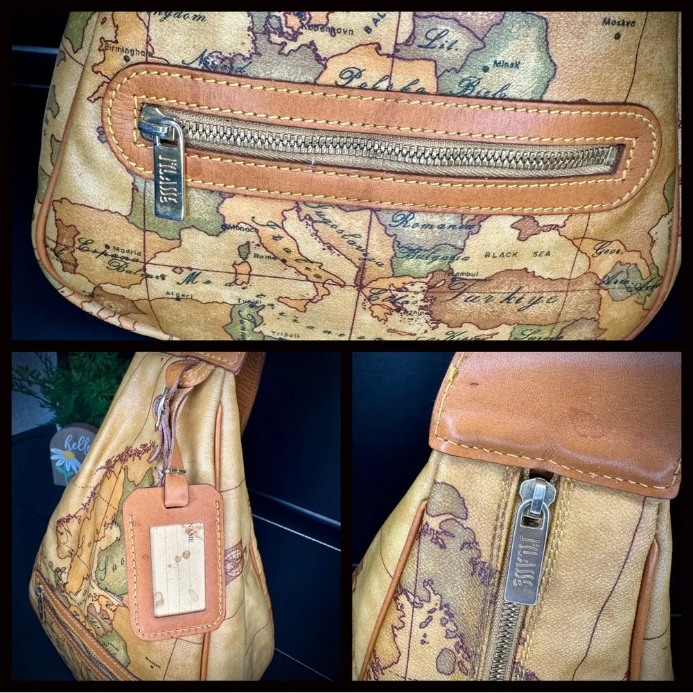 Vintage Alviero Martini 1A Classe Geo Map Coated Canvas Leather Sling Backpack